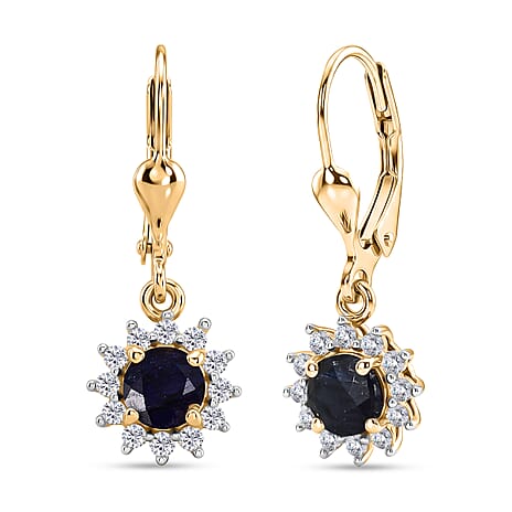 Royal Bali Collection - D'Joy Masoala Sapphire & White Zircon Earring with Lever Back in 18K Vermeil Yellow Gold Plated Sterling Silver  2.50 Ct.