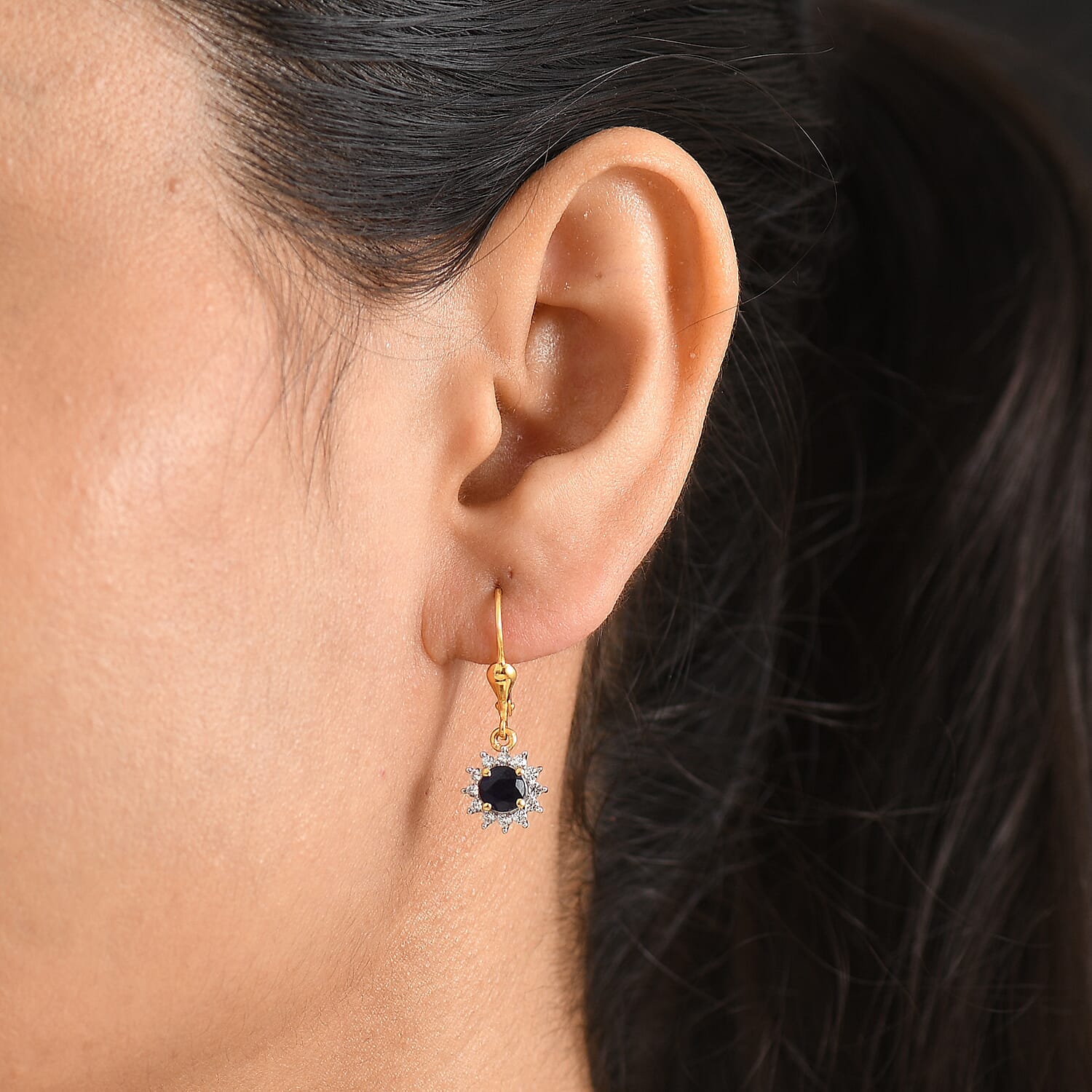 Royal Bali Collection - D'Joy Masoala Sapphire & White Zircon Earring with Lever Back in 18K Vermeil Yellow Gold Plated Sterling Silver  2.50 Ct.