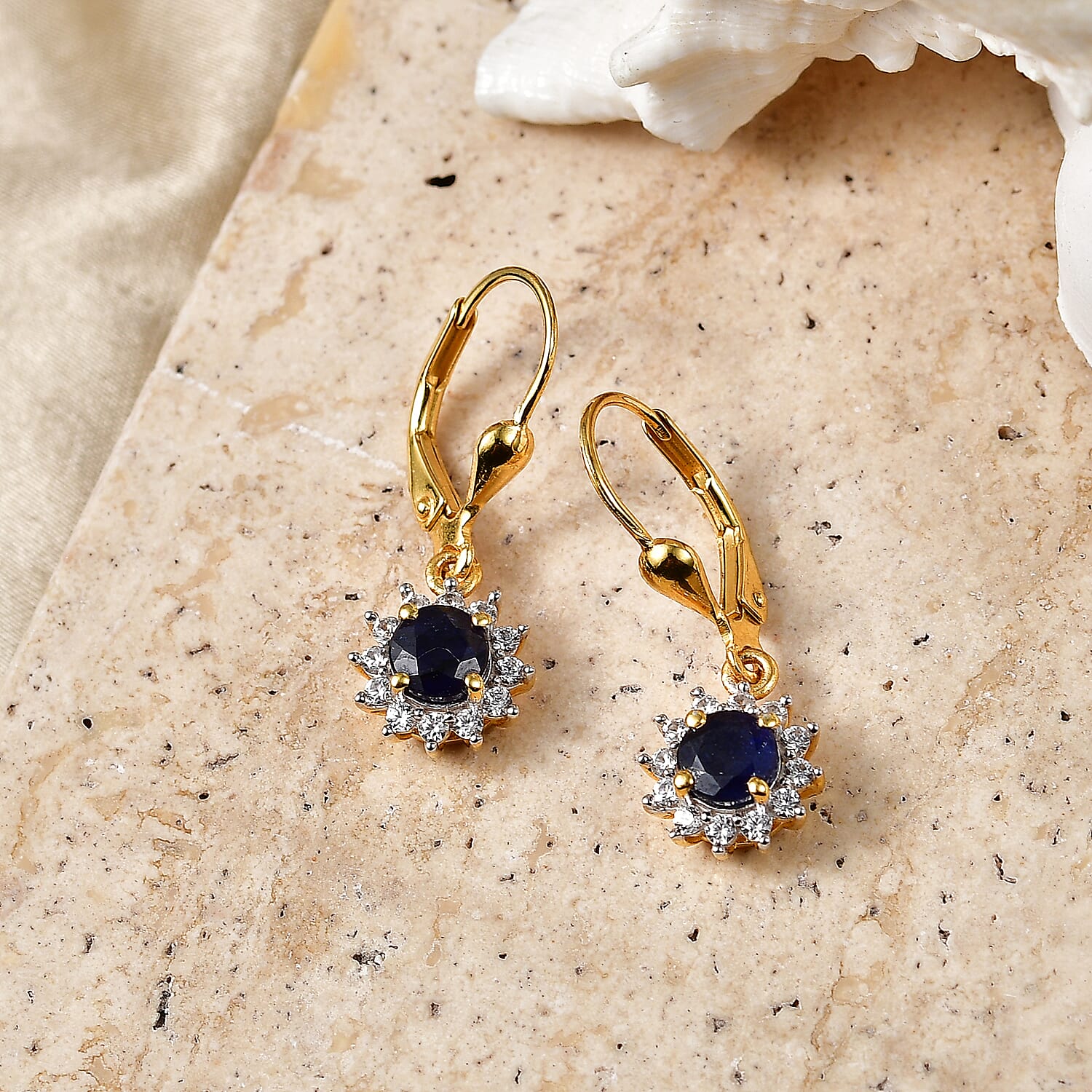 Royal Bali Collection - D'Joy Masoala Sapphire & White Zircon Earring with Lever Back in 18K Vermeil Yellow Gold Plated Sterling Silver  2.50 Ct.