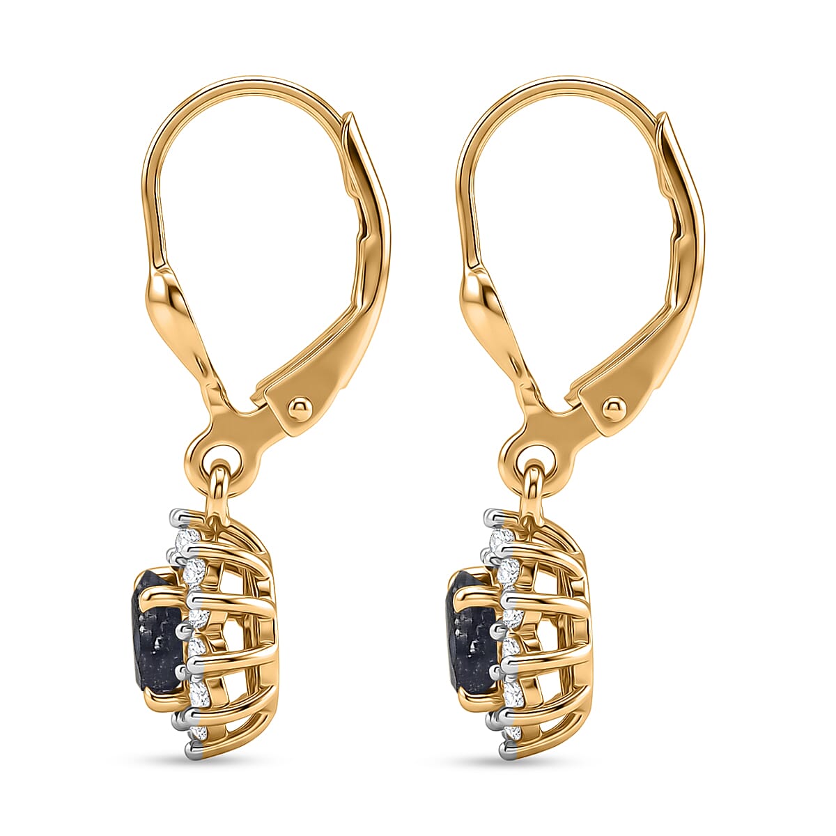 Royal Bali Collection - D'Joy Masoala Sapphire & White Zircon Earring with Lever Back in 18K Vermeil Yellow Gold Plated Sterling Silver  2.50 Ct.