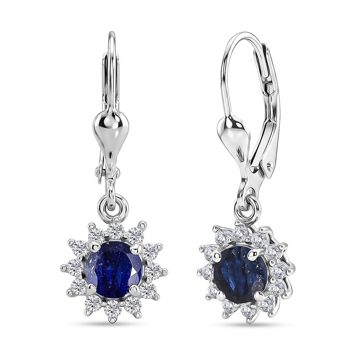 Royal Bali Collection - D'Joy Masoala Sapphire & White Zircon Earring with Lever Back in Rhodium Overlay Sterling Silver 2.50 Ct.