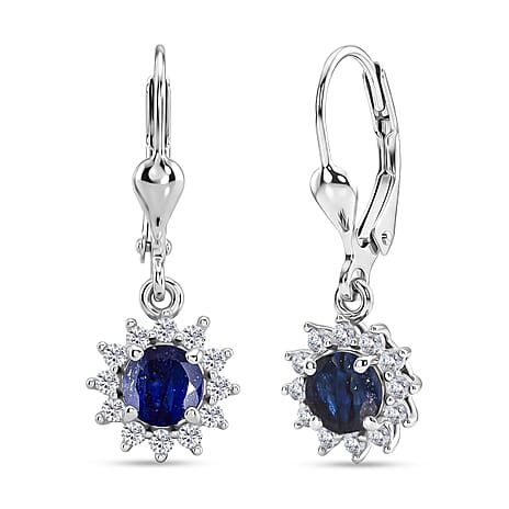Royal Bali Collection - D'Joy Masoala Sapphire & White Zircon Earring with Lever Back in Rhodium Overlay Sterling Silver 2.50 Ct.