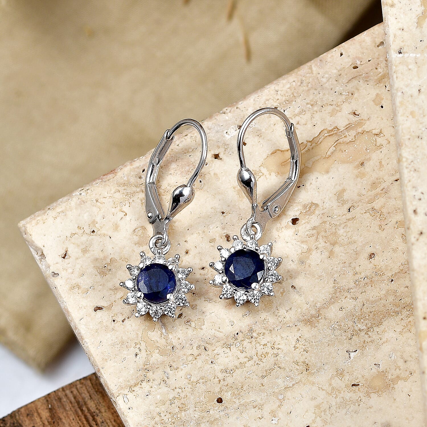 Royal Bali Collection - D'Joy Masoala Sapphire & White Zircon Earring with Lever Back in Rhodium Overlay Sterling Silver 2.50 Ct.