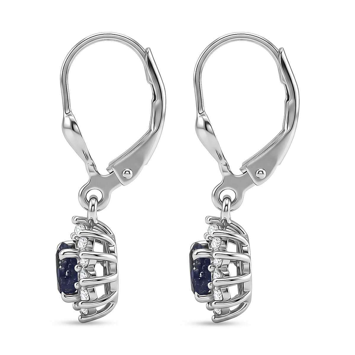 Royal Bali Collection - D'Joy Masoala Sapphire & White Zircon Earring with Lever Back in Rhodium Overlay Sterling Silver 2.50 Ct.
