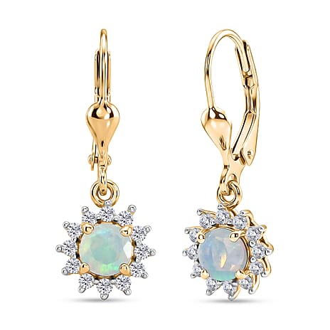 Royal Bali Collection - D'Joy Ethiopian Opal & White Zircon Earring with Lever Back in 18K Vermeil Yellow Gold Plated Sterling Silver  1.13 Ct.