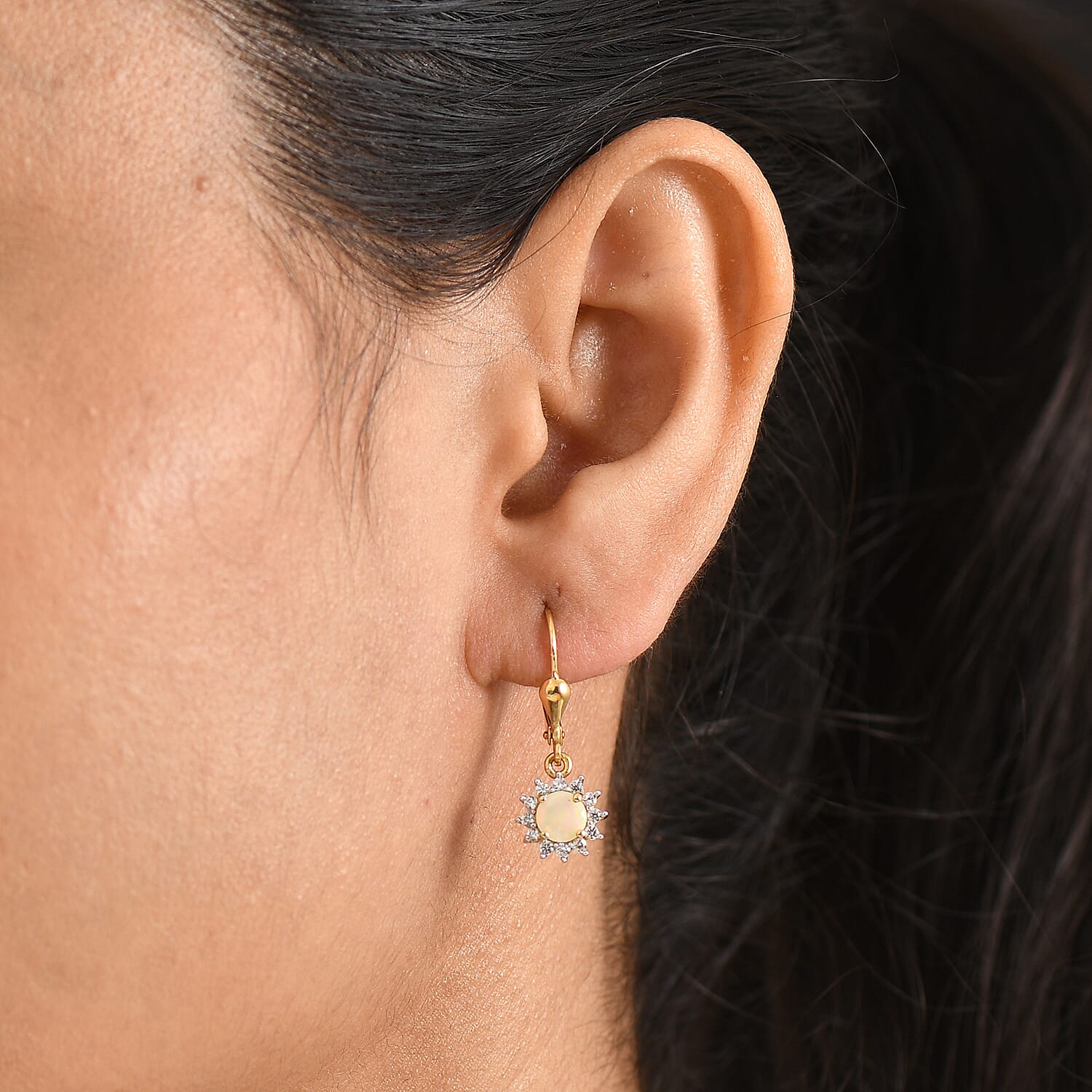 Royal Bali Collection - D'Joy Ethiopian Opal & White Zircon Earring with Lever Back in 18K Vermeil Yellow Gold Plated Sterling Silver  1.13 Ct.