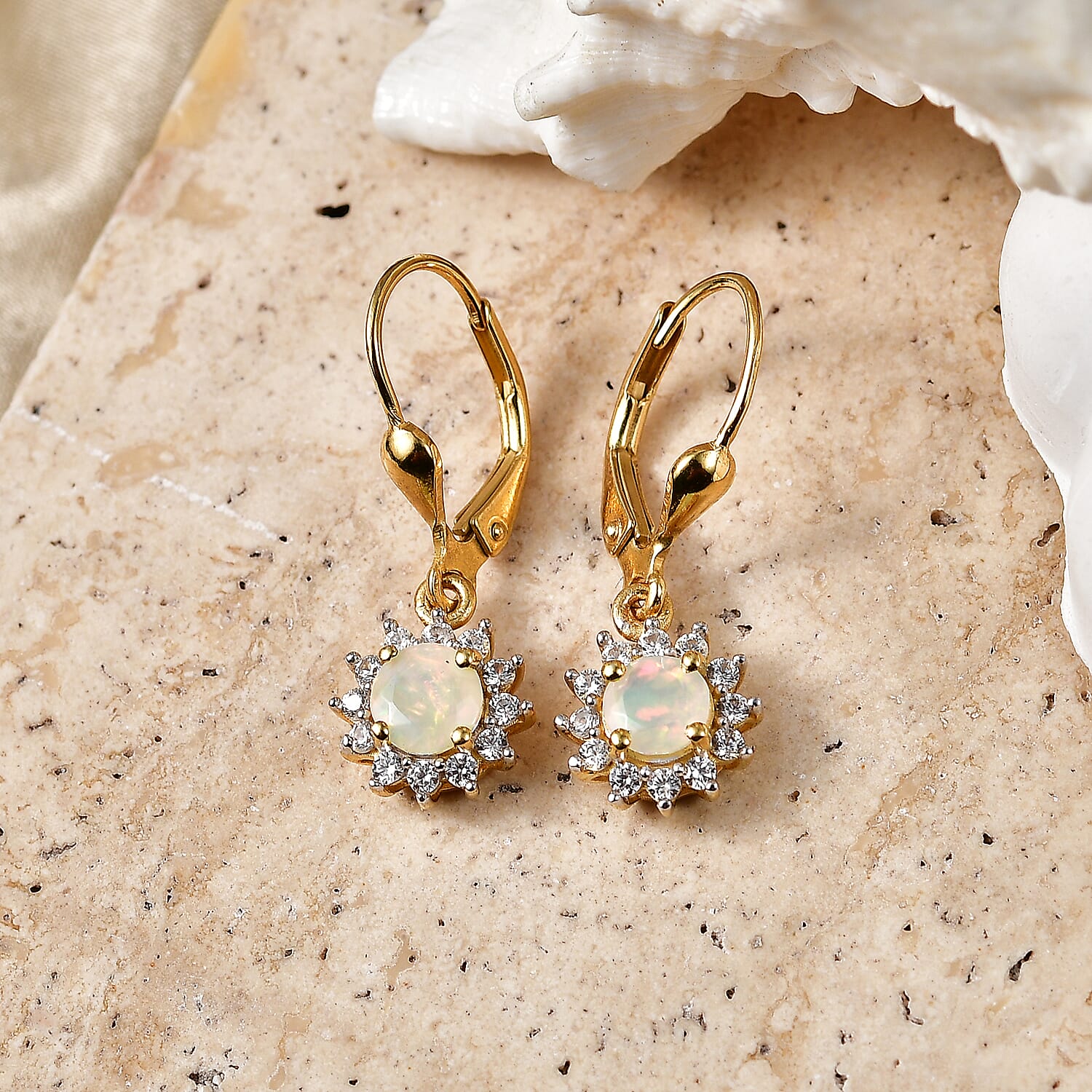 Royal Bali Collection - D'Joy Ethiopian Opal & White Zircon Earring with Lever Back in 18K Vermeil Yellow Gold Plated Sterling Silver  1.13 Ct.