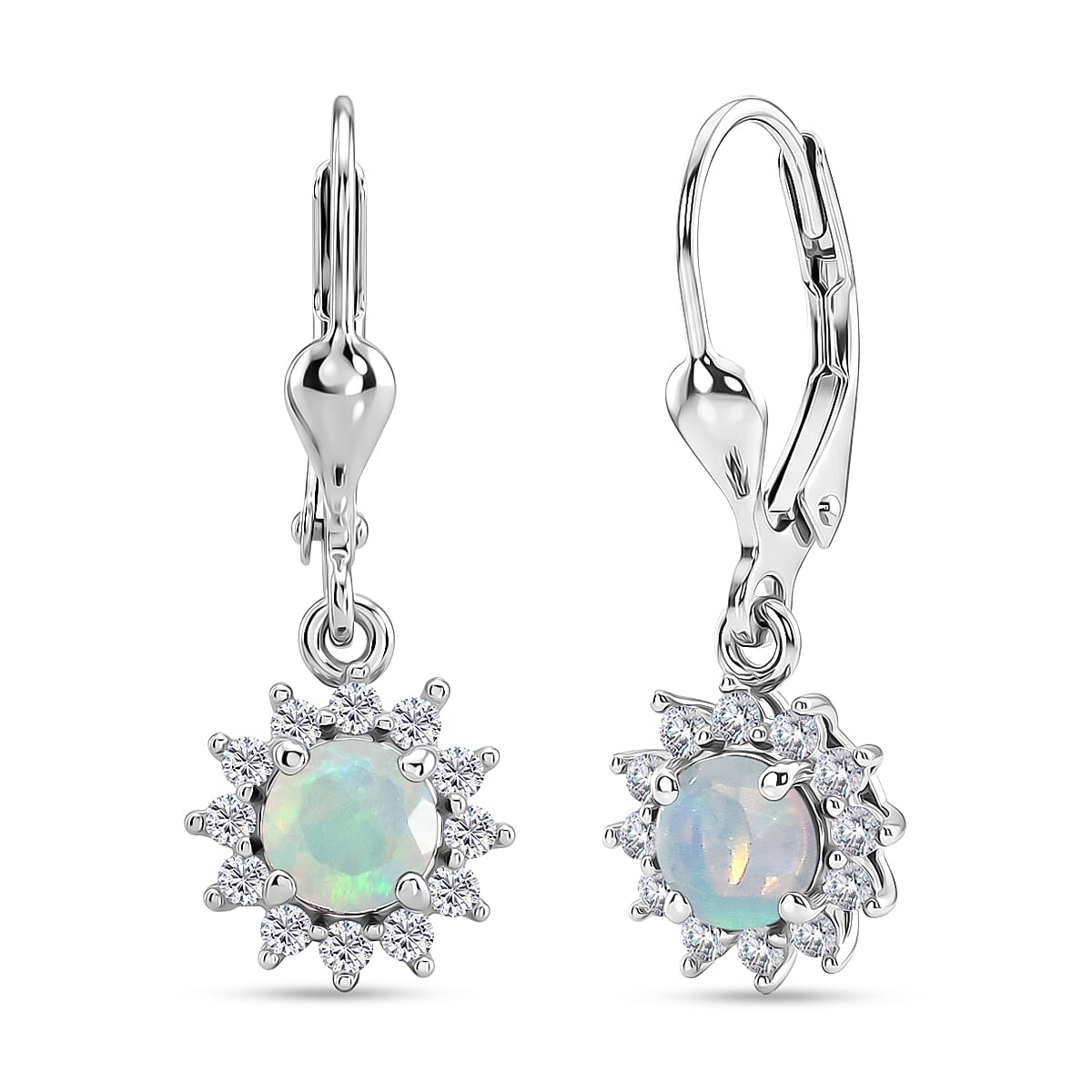 Royal Bali Collection - D'Joy Ethiopian Opal & White Zircon Earring with Lever Back in Rhodium Overlay Sterling Silver 1.13 Ct.