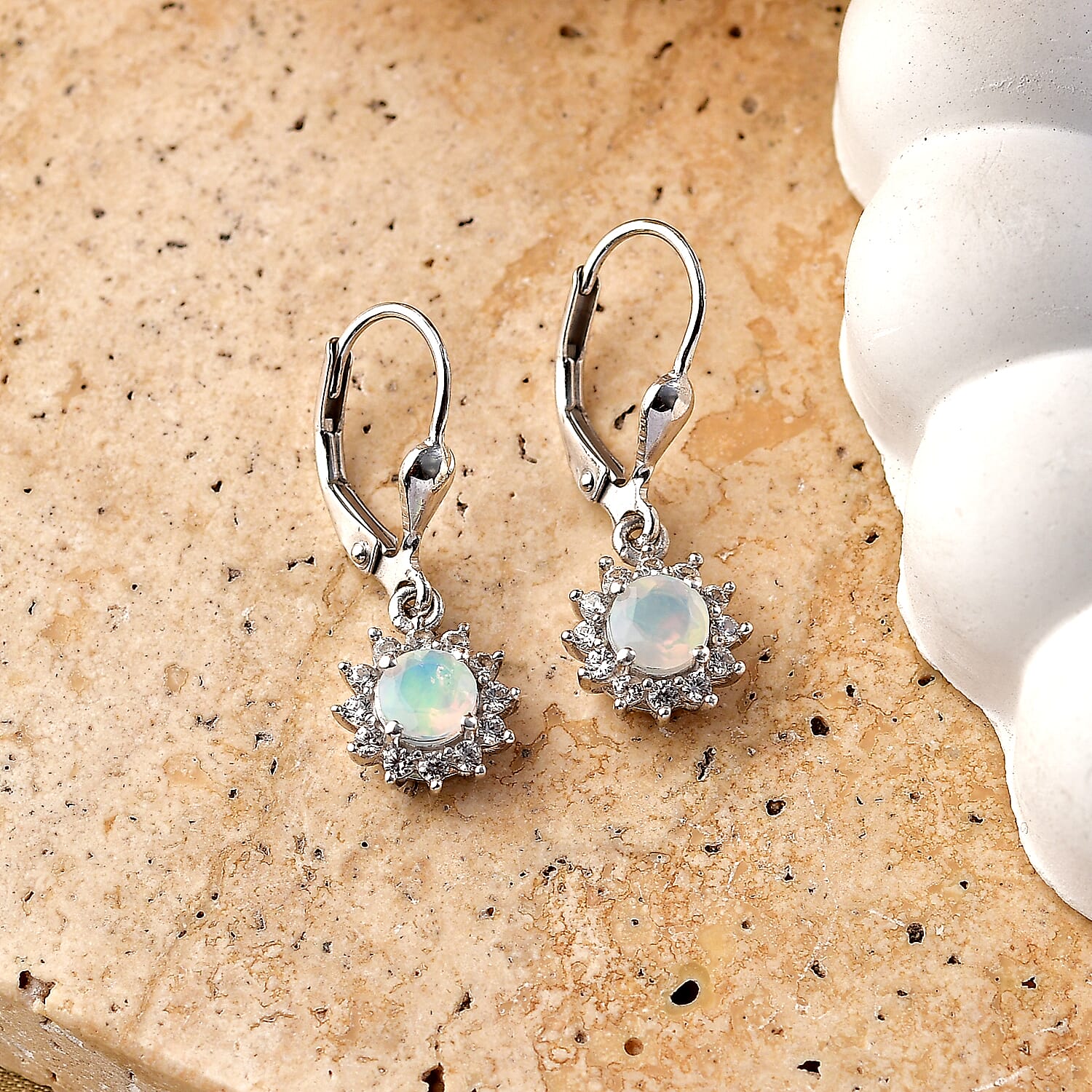 Royal Bali Collection - D'Joy Ethiopian Opal & White Zircon Earring with Lever Back in Rhodium Overlay Sterling Silver 1.13 Ct.