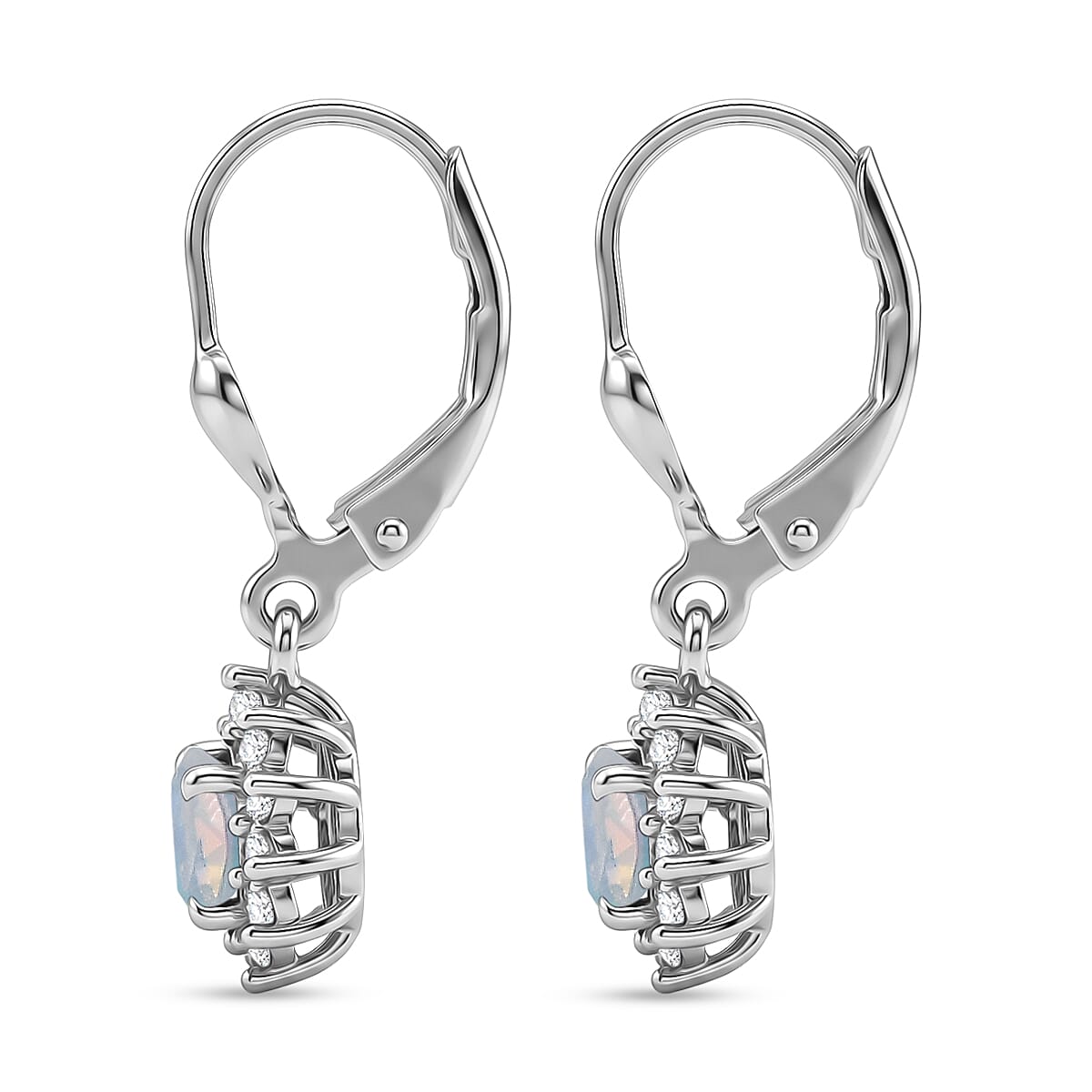 Royal Bali Collection - D'Joy Ethiopian Opal & White Zircon Earring with Lever Back in Rhodium Overlay Sterling Silver 1.13 Ct.