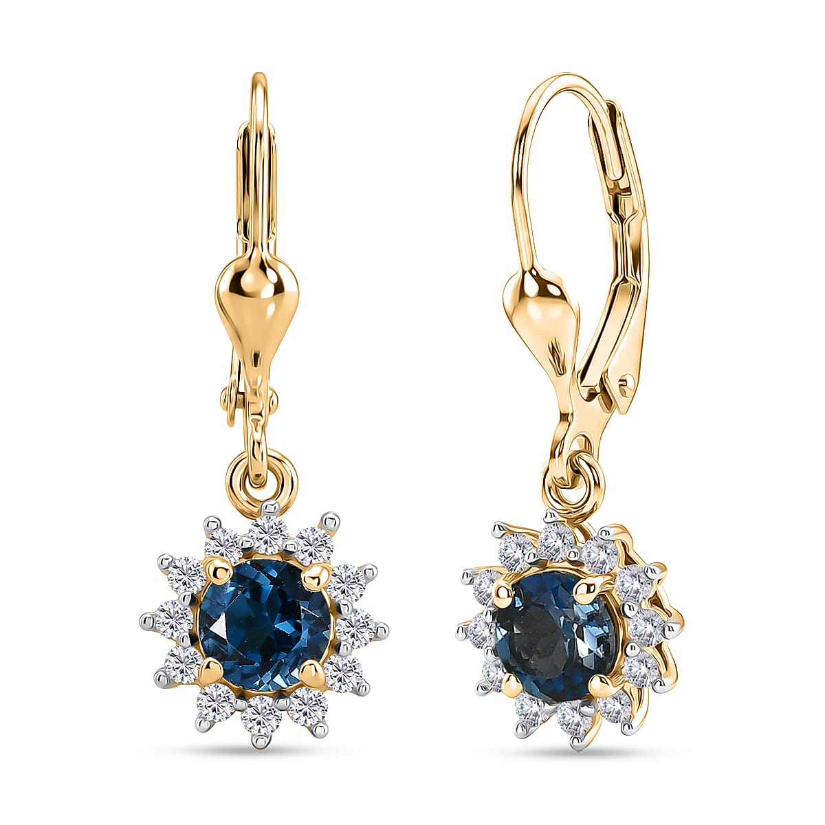 Royal Bali Collection - D'Joy London Blue Topaz & White Zircon Earring with Lever Back in 18K Vermeil Yellow Gold Plated Sterling Silver 1.70 Ct.