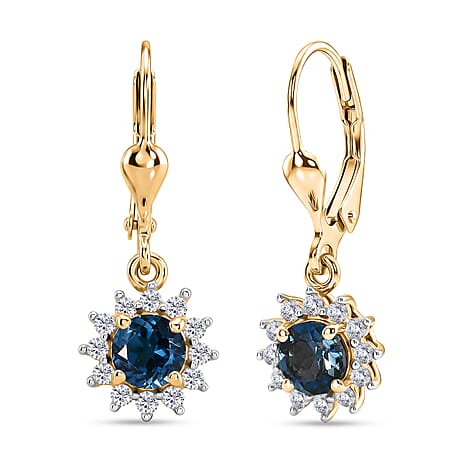 Royal Bali Collection - D'Joy London Blue Topaz & White Zircon Earring with Lever Back in 18K Vermeil Yellow Gold Plated Sterling Silver 1.70 Ct.
