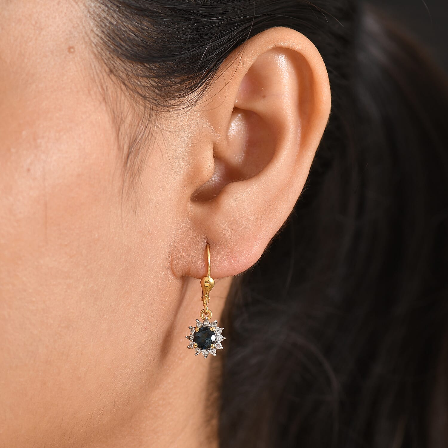Royal Bali Collection - D'Joy London Blue Topaz & White Zircon Earring with Lever Back in 18K Vermeil Yellow Gold Plated Sterling Silver 1.70 Ct.