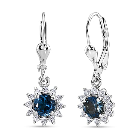 Royal Bali Collection - D'Joy London Blue Topaz & White Zircon Earring with Lever Back in Rhodium Overlay Sterling Silver 1.70 Ct.