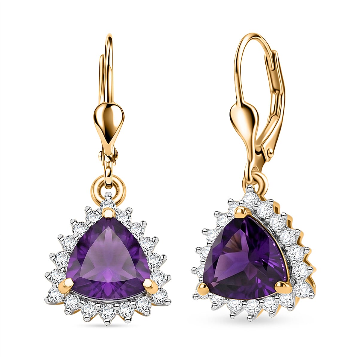 Royal Bali Collection - D'Joy African Amethyst & White Zircon Trillion Cut Halo Earring with Lever Back in 18K Vermeil Yellow Gold Plated Sterling Silver 1.65 Ct.