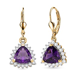 Royal Bali Collection - D'Joy African Amethyst & White Zircon Trillion Cut Halo Earring with Lever Back in Rhodium Overlay Sterling Silver  1.65 Ct.
