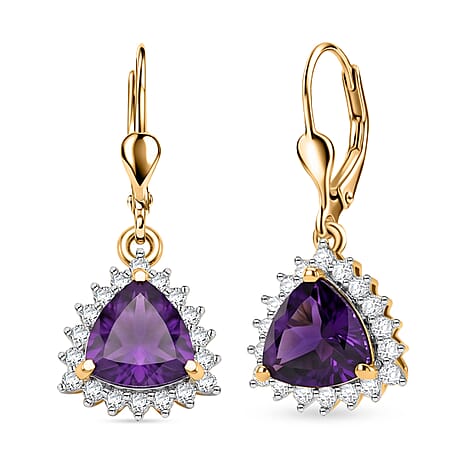 Royal Bali Collection - D'Joy African Amethyst & White Zircon Trillion Cut Halo Earring with Lever Back in 18K Vermeil Yellow Gold Plated Sterling Silver 1.65 Ct.