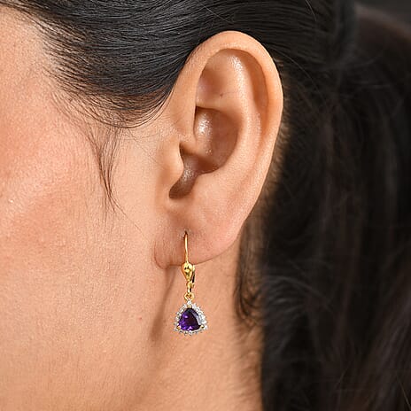 Royal Bali Collection - D'Joy African Amethyst & White Zircon Trillion Cut Halo Earring with Lever Back in 18K Vermeil Yellow Gold Plated Sterling Silver 1.65 Ct.