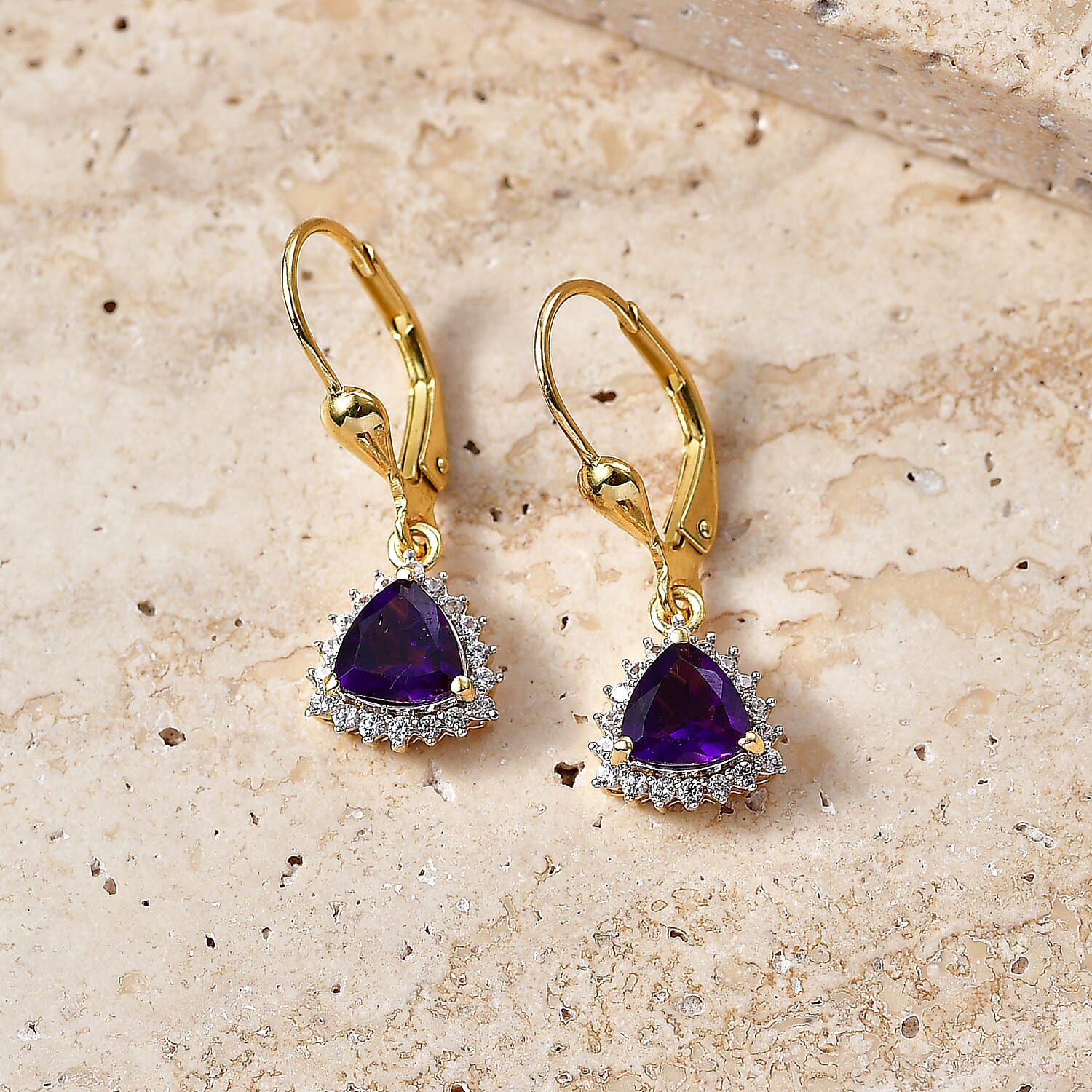 Royal Bali Collection - D'Joy African Amethyst & White Zircon Trillion Cut Halo Earring with Lever Back in 18K Vermeil Yellow Gold Plated Sterling Silver 1.65 Ct.