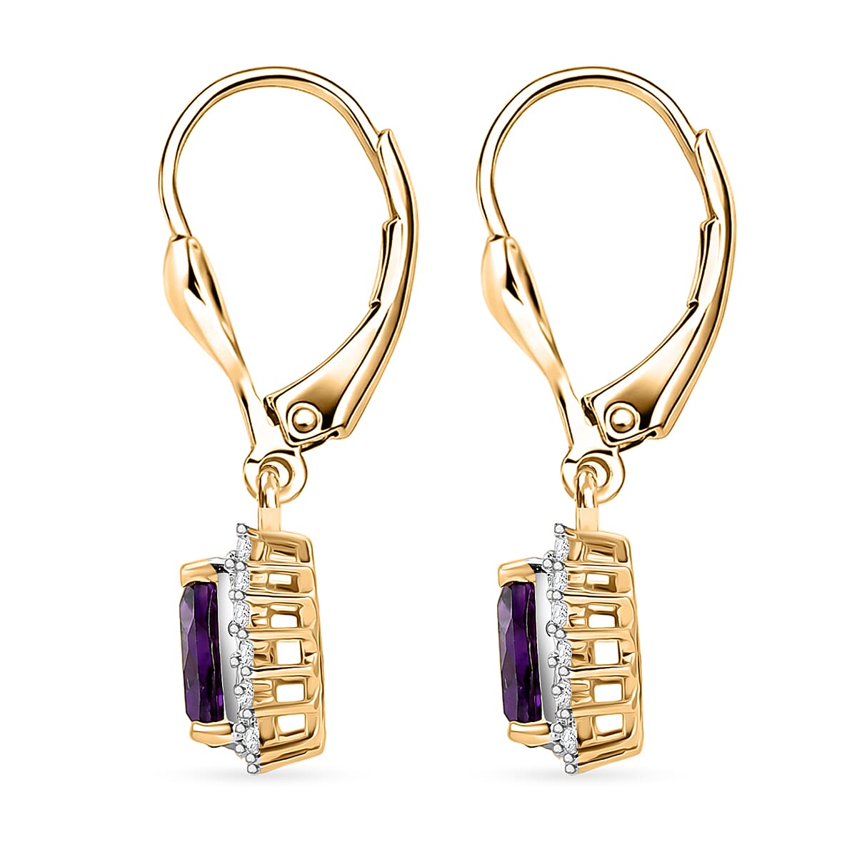 Royal Bali Collection - D'Joy African Amethyst & White Zircon Trillion Cut Halo Earring with Lever Back in 18K Vermeil Yellow Gold Plated Sterling Silver 1.65 Ct.