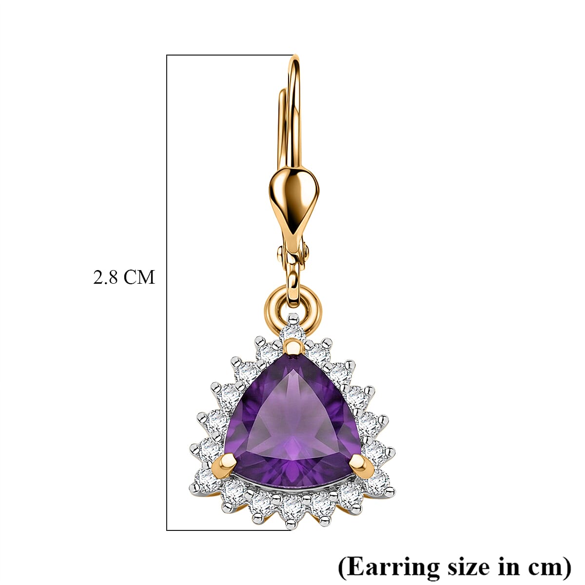 Royal Bali Collection - D'Joy African Amethyst & White Zircon Trillion Cut Halo Earring with Lever Back in 18K Vermeil Yellow Gold Plated Sterling Silver 1.65 Ct.