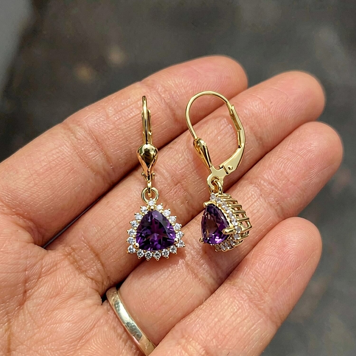 Royal Bali Collection - D'Joy African Amethyst & White Zircon Trillion Cut Halo Earring with Lever Back in 18K Vermeil Yellow Gold Plated Sterling Silver 1.65 Ct.