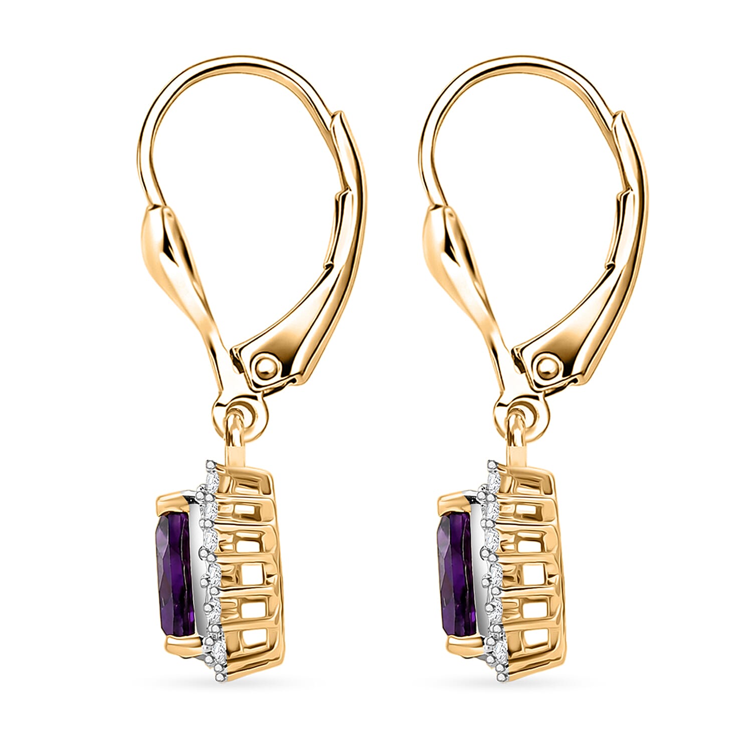 Royal Bali Collection - D'Joy African Amethyst & White Zircon Trillion Cut Halo Earring with Lever Back in 18K Vermeil Yellow Gold Plated Sterling Silver 1.65 Ct.