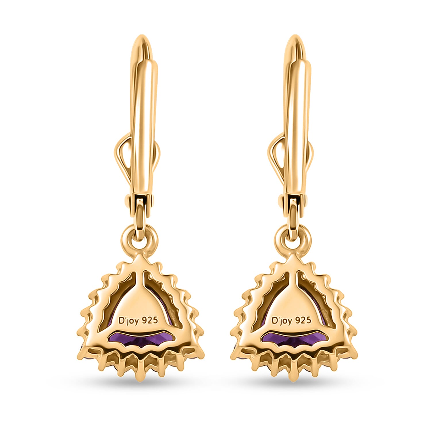 Royal Bali Collection - D'Joy African Amethyst & White Zircon Trillion Cut Halo Earring with Lever Back in 18K Vermeil Yellow Gold Plated Sterling Silver 1.65 Ct.