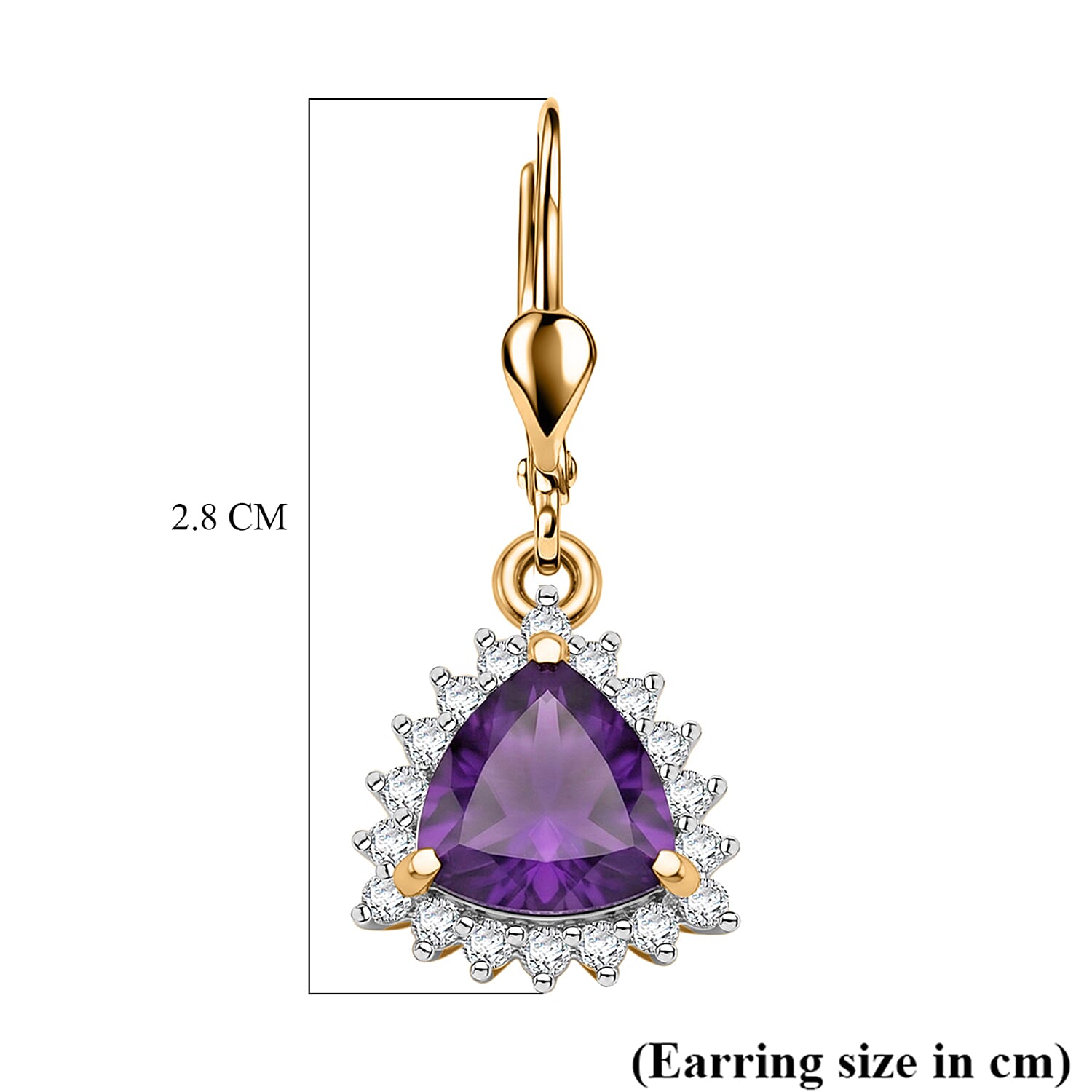 Royal Bali Collection - D'Joy African Amethyst & White Zircon Trillion Cut Halo Earring with Lever Back in 18K Vermeil Yellow Gold Plated Sterling Silver 1.65 Ct.