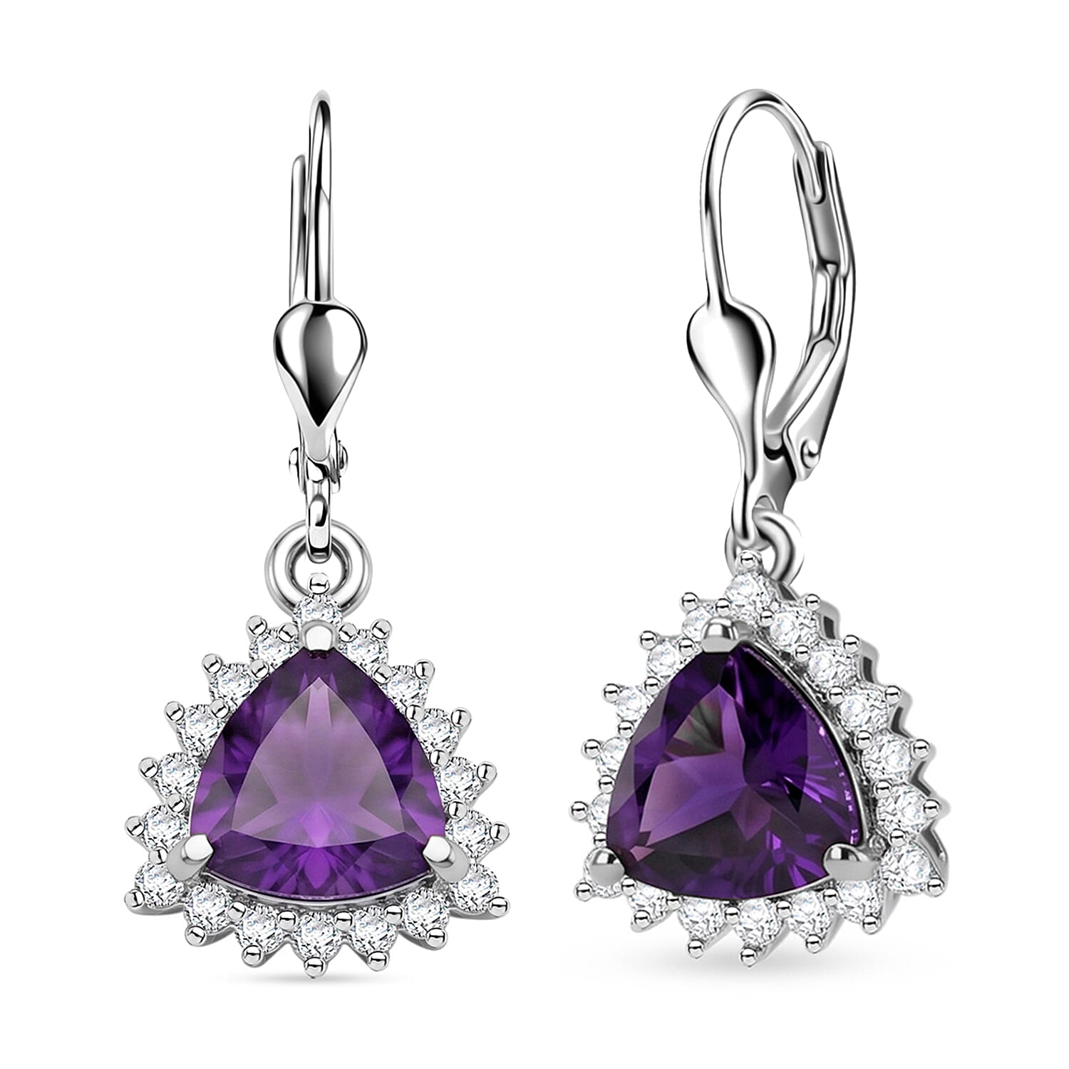 Royal Bali Collection - D'Joy African Amethyst & White Zircon Trillion Cut Halo Earring with Lever Back in Rhodium Overlay Sterling Silver  1.65 Ct.