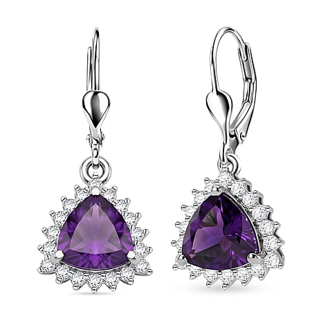 Royal Bali Collection - D'Joy African Amethyst & White Zircon Trillion Cut Halo Earring with Lever Back in Rhodium Overlay Sterling Silver  1.65 Ct.