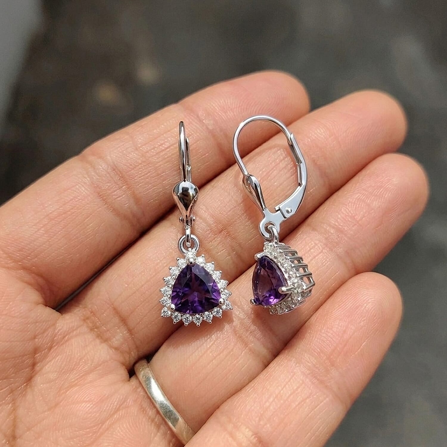 Royal Bali Collection - D'Joy African Amethyst & White Zircon Trillion Cut Halo Earring with Lever Back in Rhodium Overlay Sterling Silver  1.65 Ct.