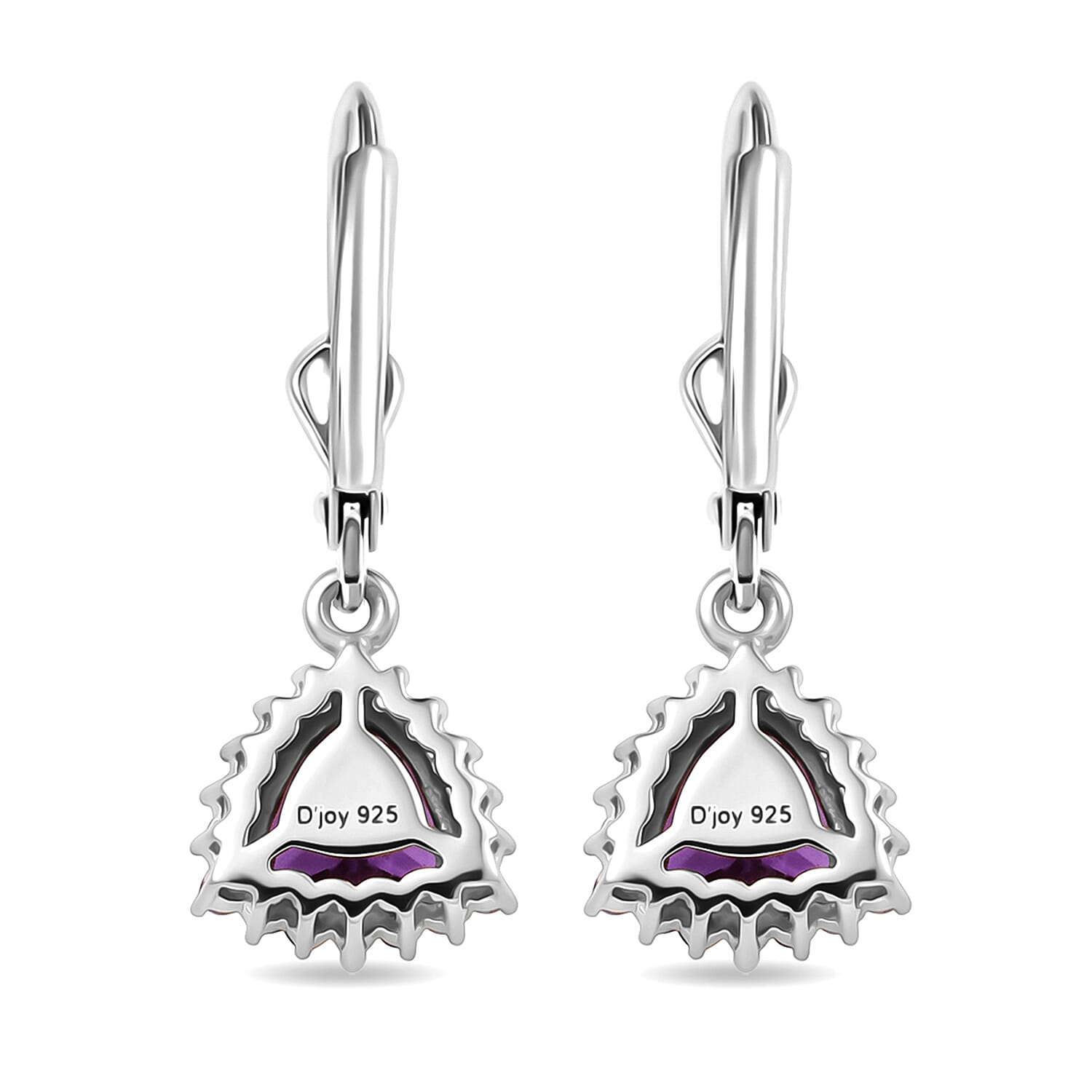 Royal Bali Collection - D'Joy African Amethyst & White Zircon Trillion Cut Halo Earring with Lever Back in Rhodium Overlay Sterling Silver  1.65 Ct.