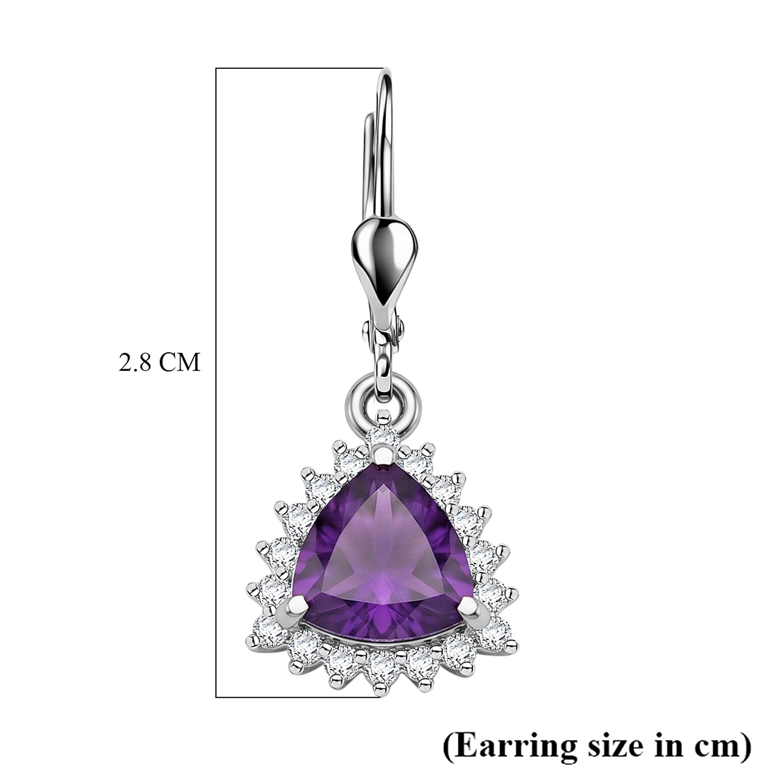 Royal Bali Collection - D'Joy African Amethyst & White Zircon Trillion Cut Halo Earring with Lever Back in Rhodium Overlay Sterling Silver  1.65 Ct.