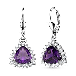 Royal Bali Collection - D'Joy African Amethyst & White Zircon Trillion Cut Halo Earring with Lever Back in Rhodium Overlay Sterling Silver  1.65 Ct.