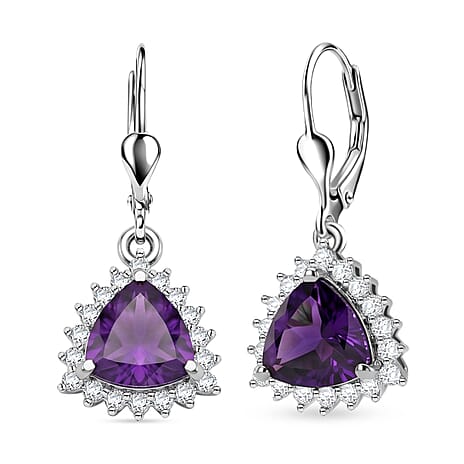 Royal Bali Collection - D'Joy African Amethyst & White Zircon Trillion Cut Halo Earring with Lever Back in Rhodium Overlay Sterling Silver  1.65 Ct.