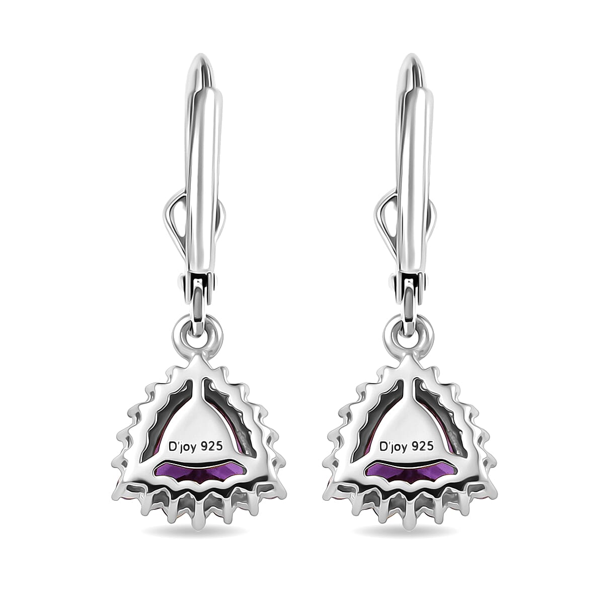 Royal Bali Collection - D'Joy African Amethyst & White Zircon Trillion Cut Halo Earring with Lever Back in Rhodium Overlay Sterling Silver  1.65 Ct.