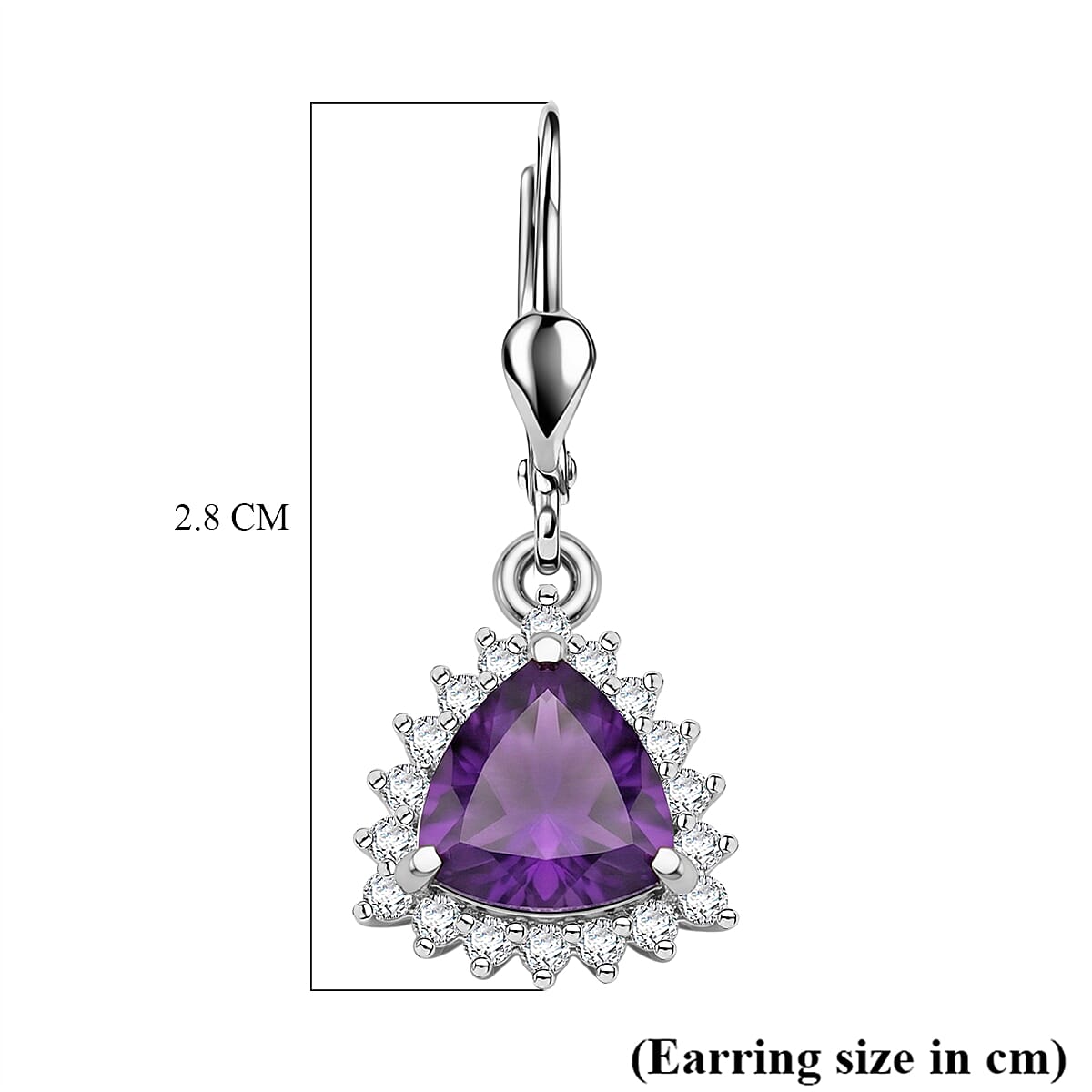 Royal Bali Collection - D'Joy African Amethyst & White Zircon Trillion Cut Halo Earring with Lever Back in Rhodium Overlay Sterling Silver  1.65 Ct.