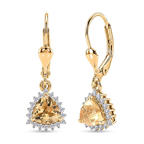 Royal Bali Collection - D'Joy Citrine & White Zircon Earring with Lever Back in 18K Vermeil Yellow Gold Plated Sterling Silver 1.84 Ct.