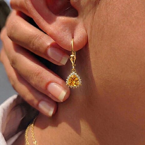 Royal Bali Collection - D'Joy Citrine & White Zircon Earring with Lever Back in 18K Vermeil Yellow Gold Plated Sterling Silver 1.84 Ct.