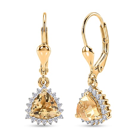 Royal Bali Collection - D'Joy Citrine & White Zircon Earring with Lever Back in 18K Vermeil Yellow Gold Plated Sterling Silver 1.84 Ct.