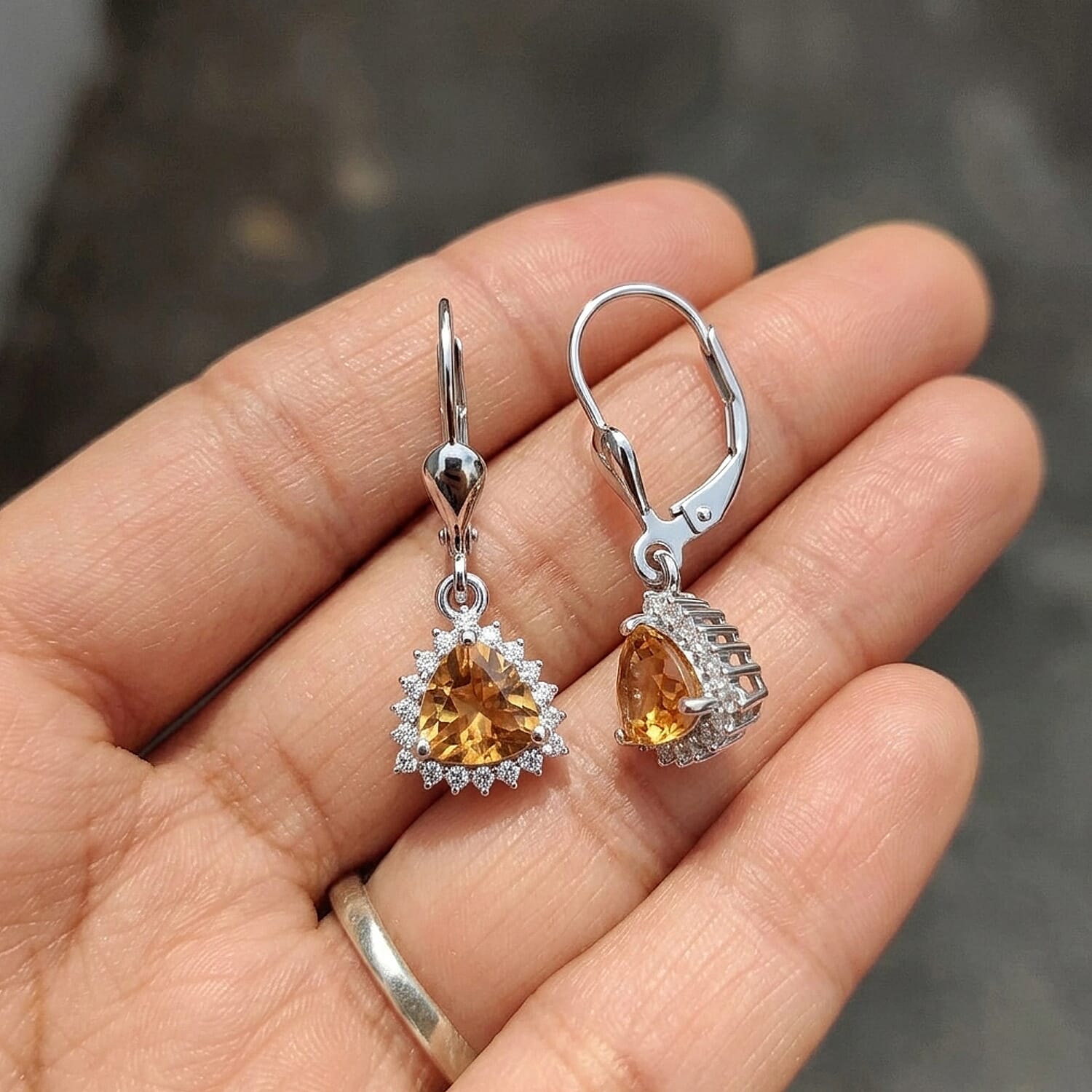 Royal Bali Collection - D'Joy Citrine & White Zircon Lever Back Earring in Rhodium Overlay Sterling Silver 1.84 Ct.