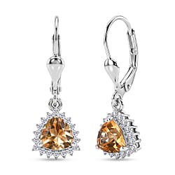 Royal Bali Collection - D'Joy Citrine & White Zircon Lever Back Earring in Rhodium Overlay Sterling Silver 1.84 Ct.