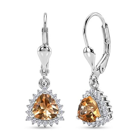 Royal Bali Collection - D'Joy Citrine & White Zircon Lever Back Earring in Rhodium Overlay Sterling Silver 1.84 Ct.