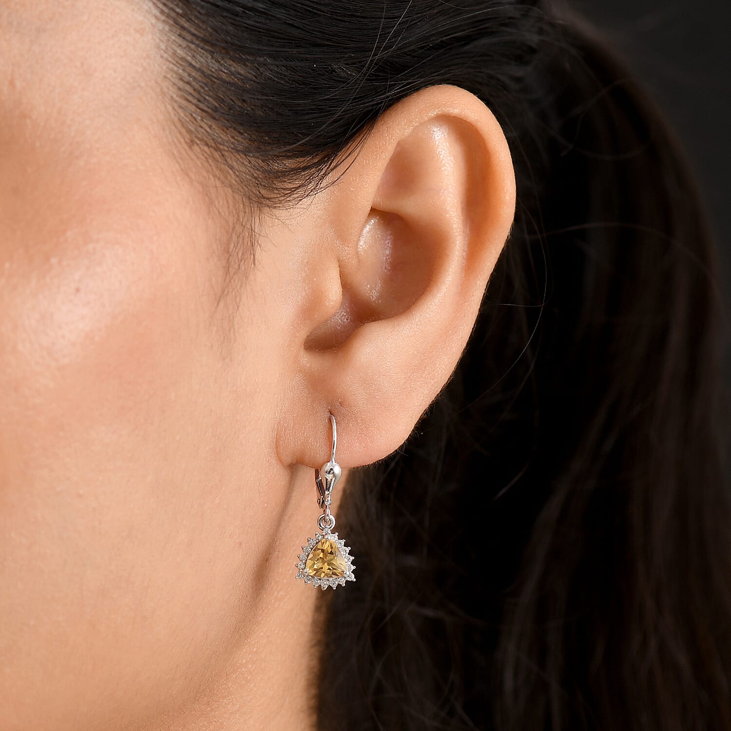 Royal Bali Collection - D'Joy Citrine & White Zircon Lever Back Earring in Rhodium Overlay Sterling Silver 1.84 Ct.