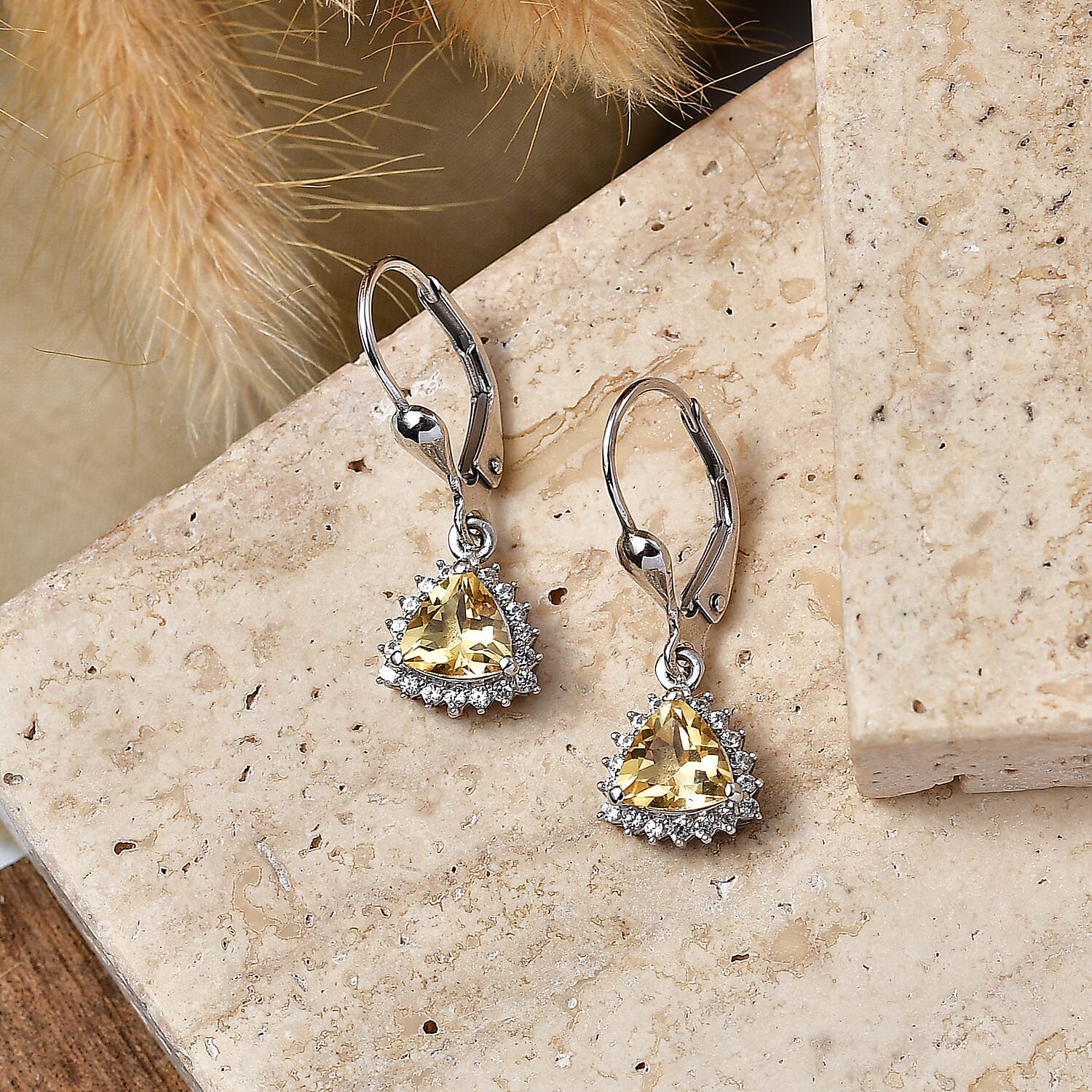 Royal Bali Collection - D'Joy Citrine & White Zircon Lever Back Earring in Rhodium Overlay Sterling Silver 1.84 Ct.