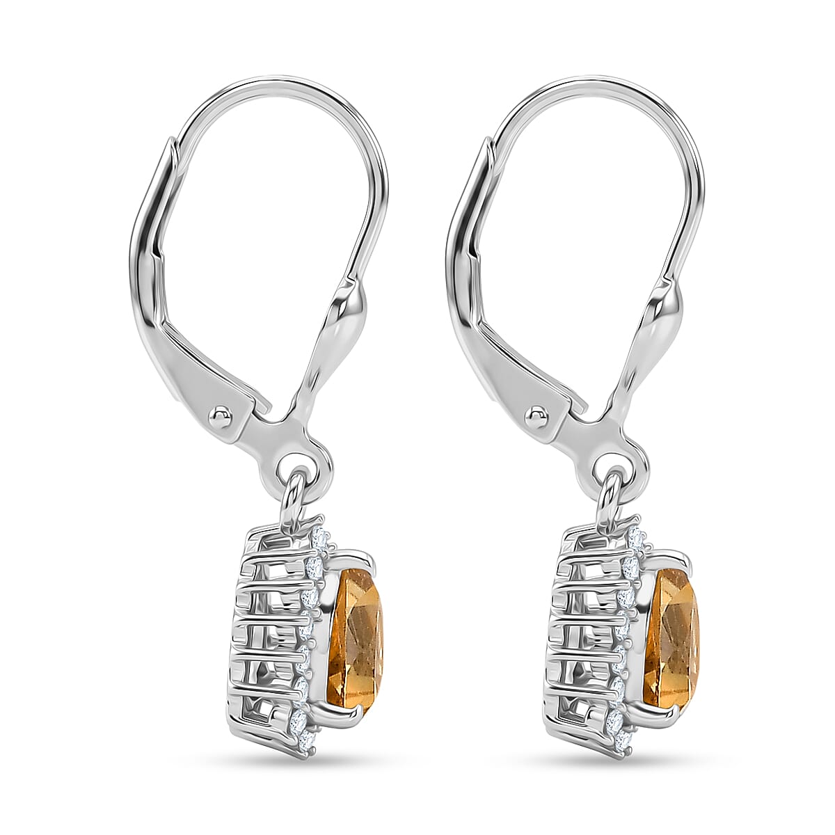 Royal Bali Collection - D'Joy Citrine & White Zircon Lever Back Earring in Rhodium Overlay Sterling Silver 1.84 Ct.