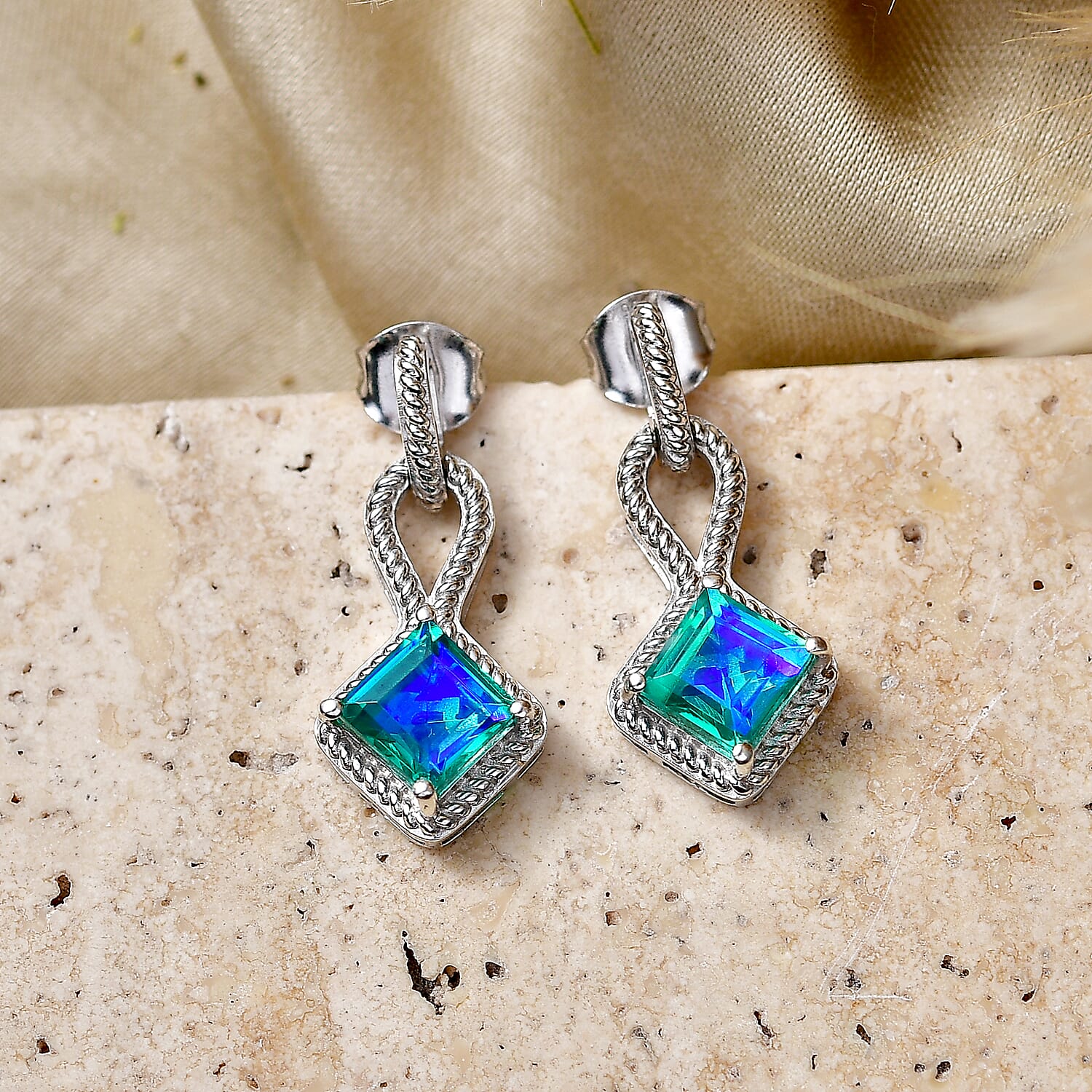 D'Joy - Peacock Triplet Quartz Dangling Earring with Push Post in Platinum Overlay Sterling Silver 2.65 Ct.