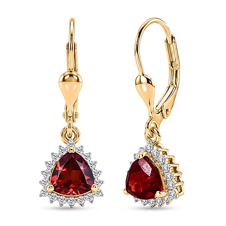 Royal Bali Collection - D'Joy Red Garnet & White Zircon Lever Back Earring in 18K Vermeil Yellow Gold Plated Sterling Silver 2.13 Ct.