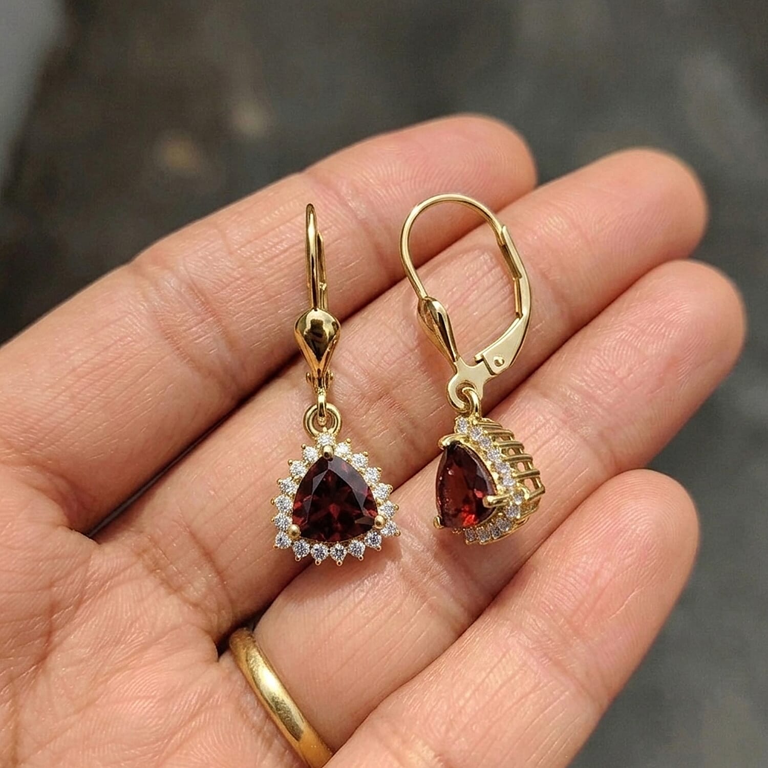 Royal Bali Collection - D'Joy Red Garnet & White Zircon Lever Back Earring in 18K Vermeil Yellow Gold Plated Sterling Silver 2.13 Ct.